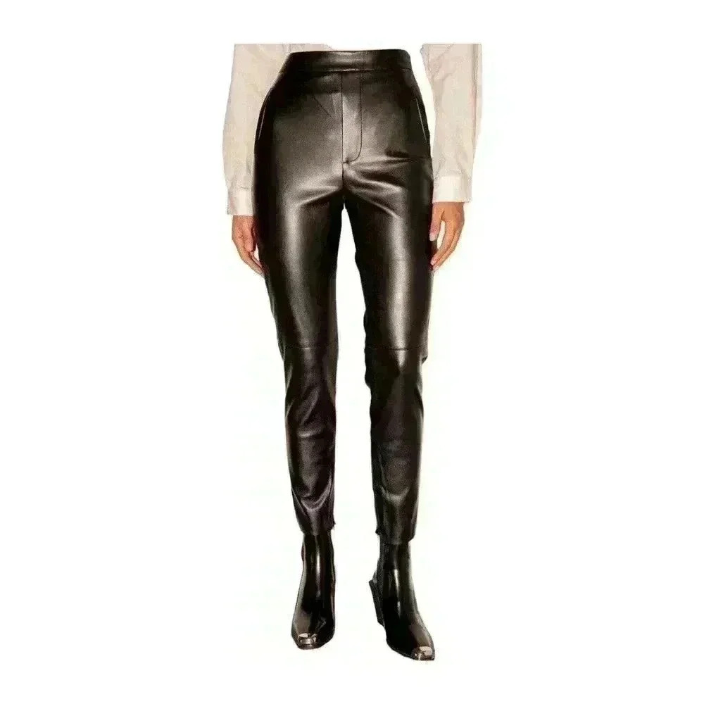 Lulus Keep Your Stride Black Vegan Leather Trouser Leggings Ankle Length SIZE-M